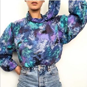 Vintage silk puff sleeve neck tie blouse